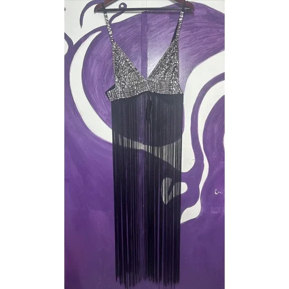Black Fringe Sequin Bralette Dress - Picture 1 of 9